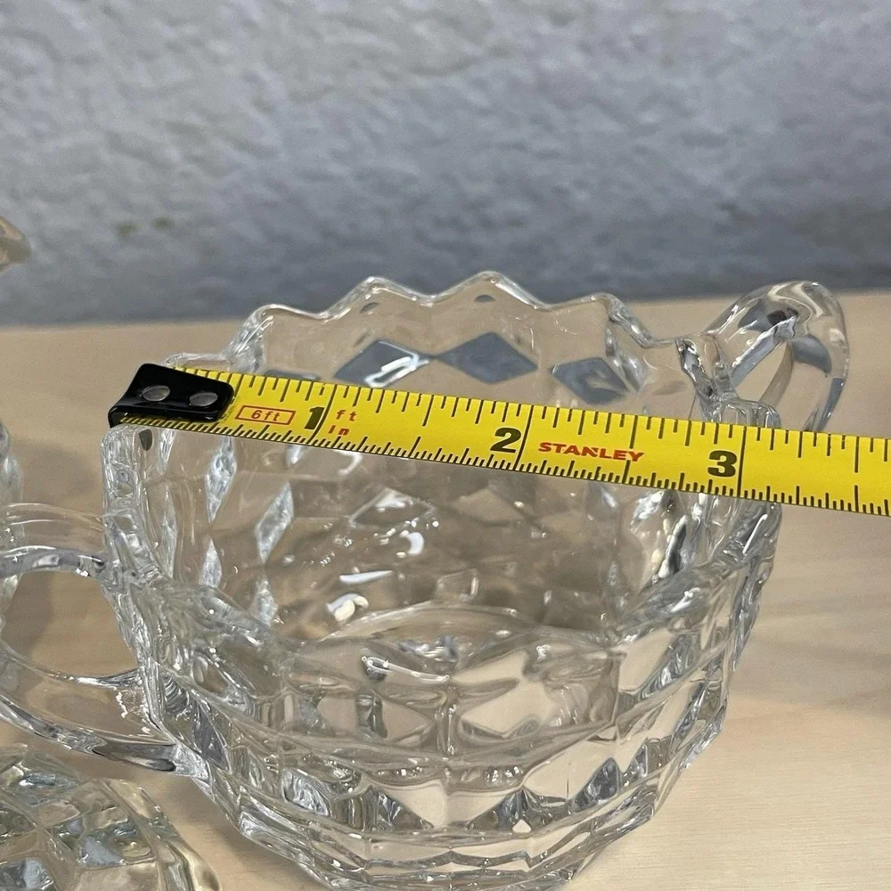 Vintage Fostoria American Cubist Pattern Clear Glass Creamer &‎ Sugar Set W/Lid